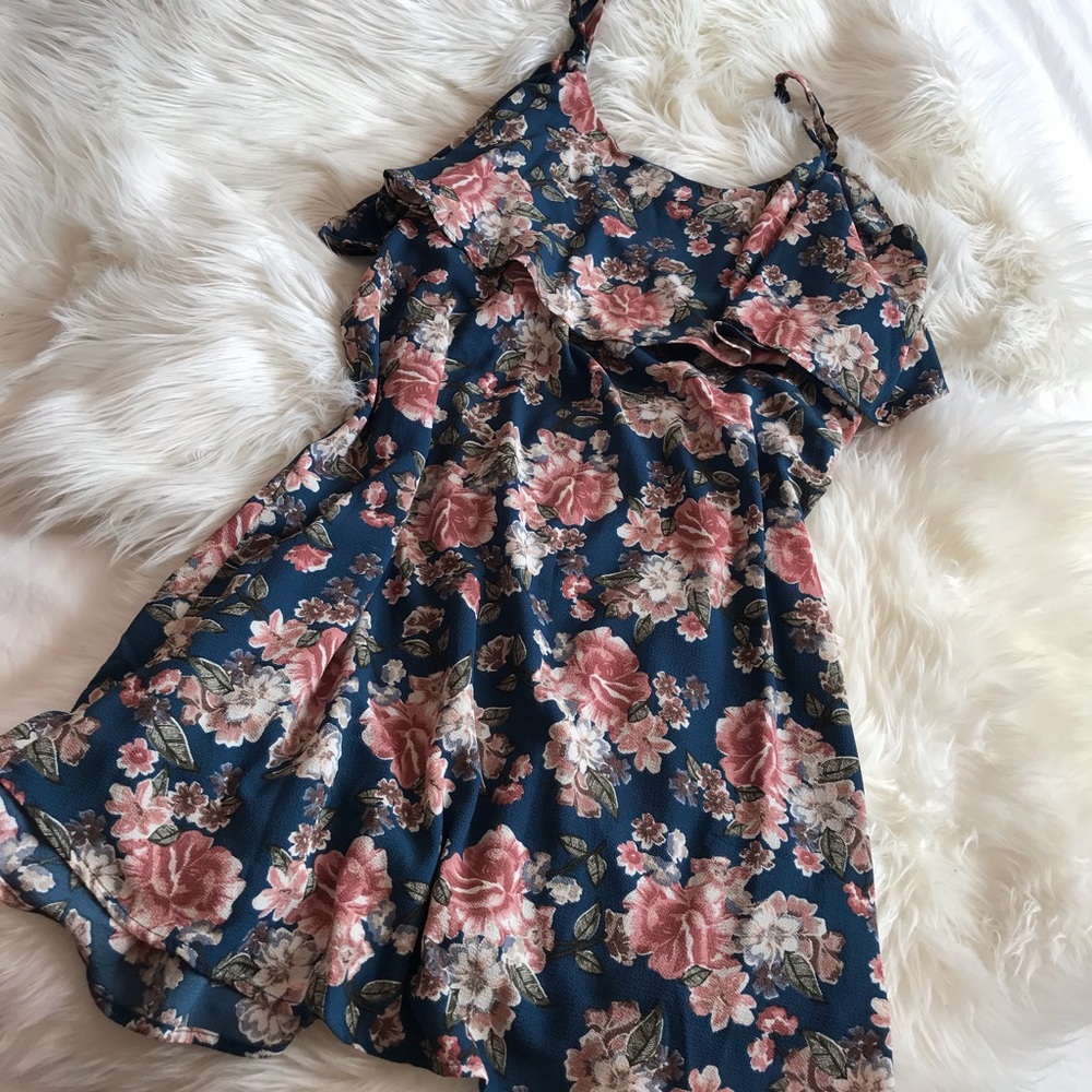Loramendi Blue Teal Floral Off the Shoulder Dress